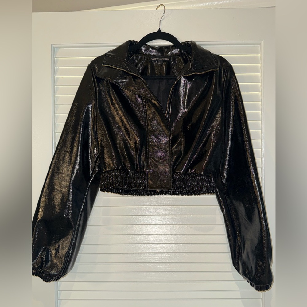 Naked Wardrobe Glossy Black cropped Bomber Jacket